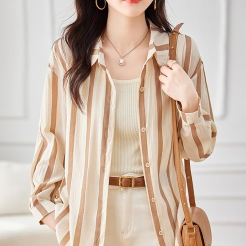 Women's Summer 2024 New Patchwork Turndown Collar Button Stripes Fashion Loose Office Lady All-match Long Sleeved Blouses Shirts