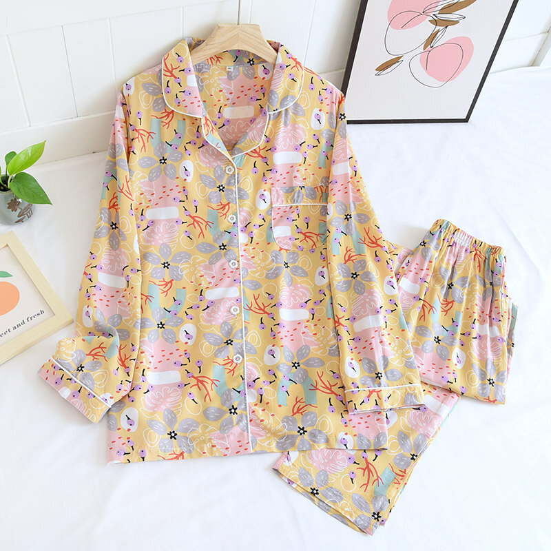 Pajamas Set Woman Viscose Summer Turn Down Lapel Long Sleeve Pants  Autumn Thin Smooth Printing Rest Clothes Two Piece Sleeping