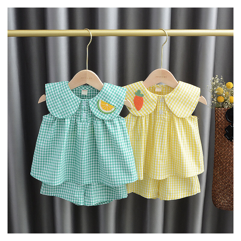 Conjuntos de roupas verão bebê menina bonito fruta algodão meninas xadrez doce princesa 2 pçs terno crianças roupas crianças vestidos