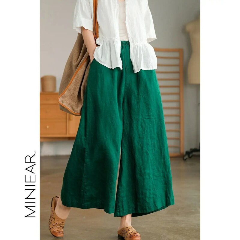 Loose Solid Color Flax Cotton Straight Ladies Vintage Elastic Waist Wide Leg Pants Summer Simplicity Comfortable Women Clothing