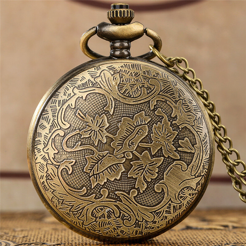 Relógio de bolso bronze para homens e mulheres, oco para fora, tampa abelha, quartzo, relógio analógico, mostrador romano, corrente Fob Sweater, relógio dourado