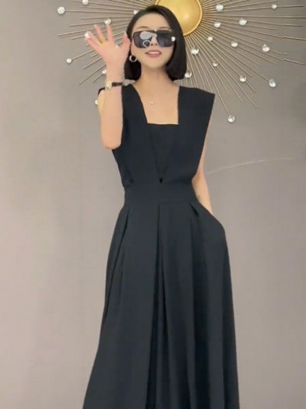 Macacão longo sem mangas feminino, vestido retrô solto na moda preto, visual de escritório feminino, vestido de noite monocromático elegante simples, novo, 2022