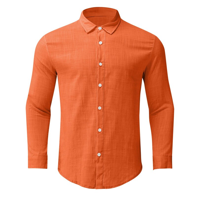 Camisa de manga larga de un solo pecho para hombre, Camisa lisa ajustada con cuello vuelto, camisas casuales, primavera y verano