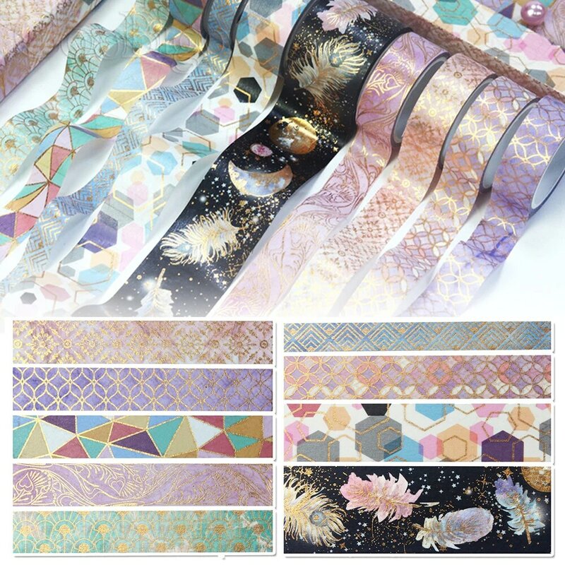 Kawaii Geometric Washi Masking Tape Set Gold Foil Paper Sticker for Scrapbooking Diary Journal Aesthetic Material 9 Rolls/Lot