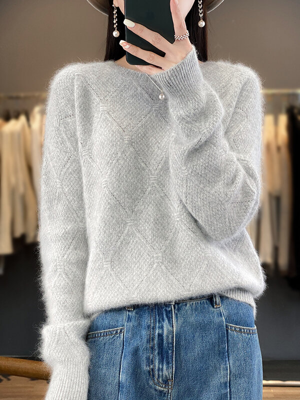 Новинка 2024, женские кашемировые пуловеры из 100% норки, свитеры с длинным рукавом и круглым вырезом, осенне-зимний толстый мягкий теплый джемпер, женская одежда