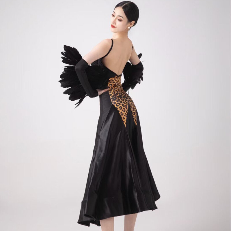 فستان رقص نسائي بطبعة الفهد بأكمام ريش ، تنورة عظم السمكة ، أزياء أداء عصرية ، DN17988 ، جديد
