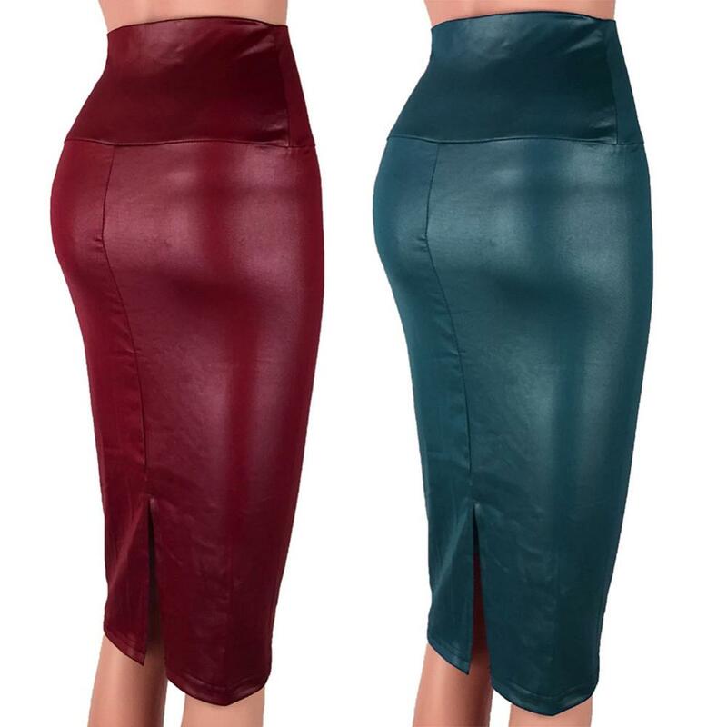 Fashion Women Shirt High Waist Split Faux Leather Knee Length Bodycon Pencil Skirt Short Dress Female Clothing