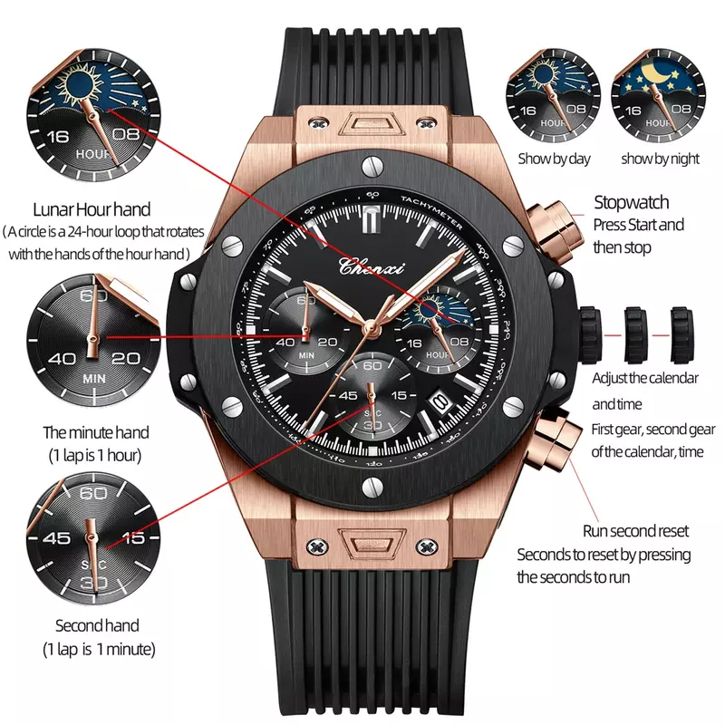 Men's Big Dial Quartz relógio de pulso, relógio masculino, cronógrafo, data, esporte, luxo, Top Brand, moda