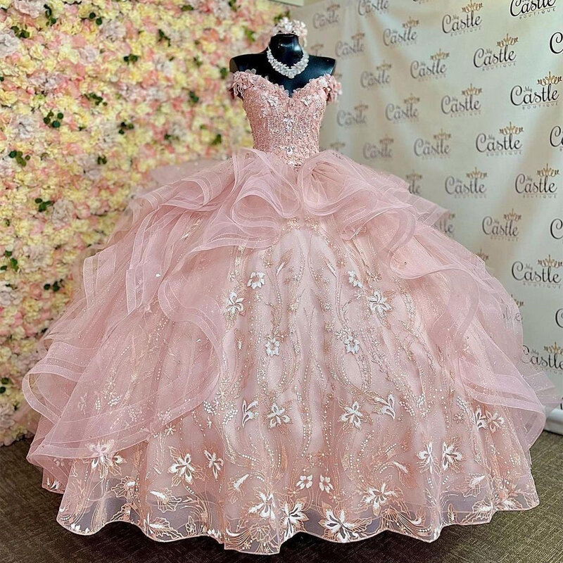 Vestidos de baile com aplique frisado, vestido Quinceanera rosa, doce vestido de festa princesa, vestido de aniversário formal, baile, 16