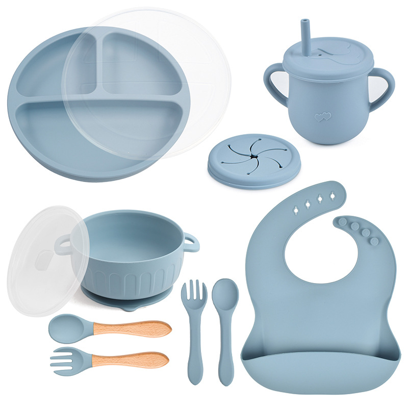 10pcs/Set Baby Children's Tableware Feeidng BPA Free ​Solid Color Food Plates Sucker Dishes Spoon Fork Sippy Cup Baby Stuff