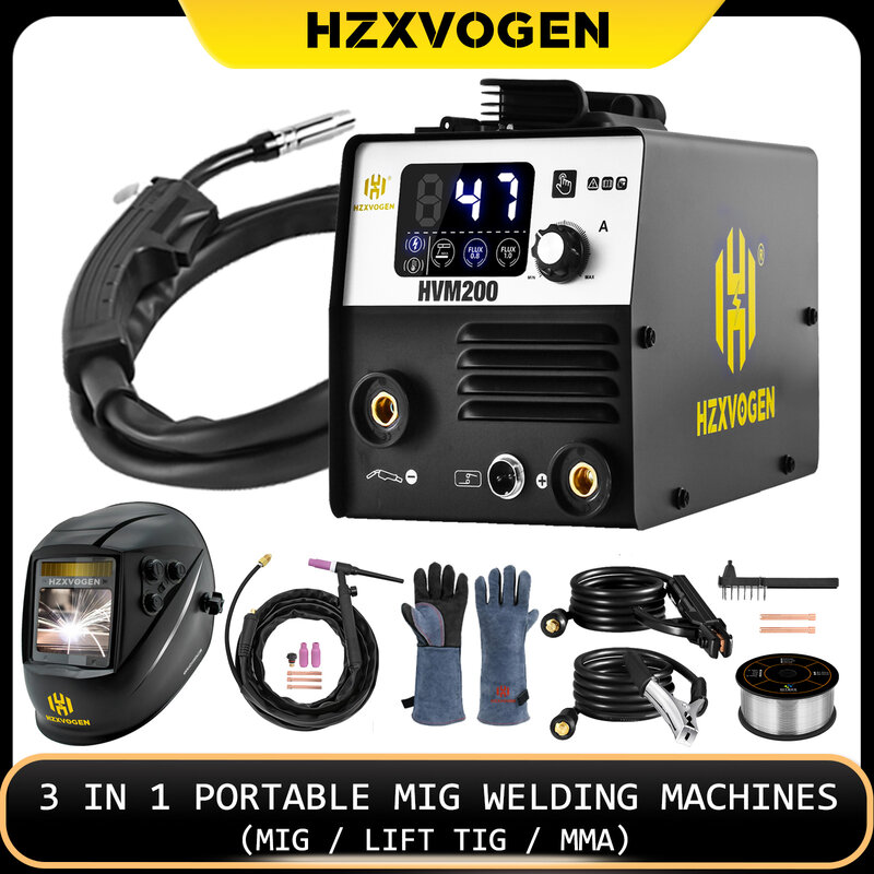 HZXVOGEN-máquina de soldadura semiautomática, 3 en 1, HVM200, MMA, Mig, inversor, herramienta de sinergia, sin Gas para soldadura de hierro sin Gas