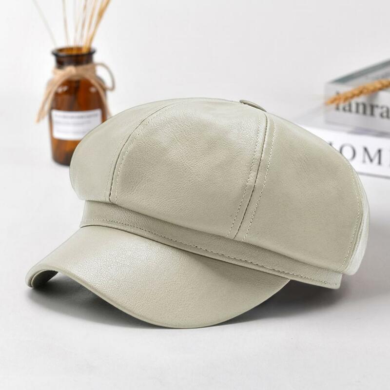 Octagonal Beret Cap Stylish Faux Leather Beret for Women Retro Sun Protection Hat with Short Brim Breathable Painter for Spring