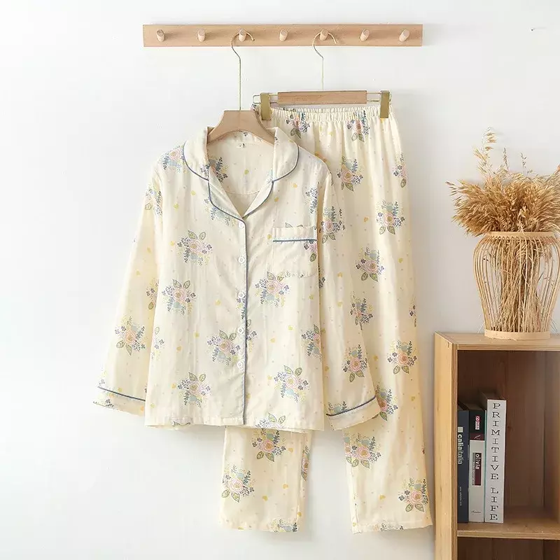 2023 japońskie wiosenne i jesienne nowe damskie zestaw piżamy 100% bawełniane damskie spodnie z długim rękawem dwuczęściowy zestaw domowa piżama