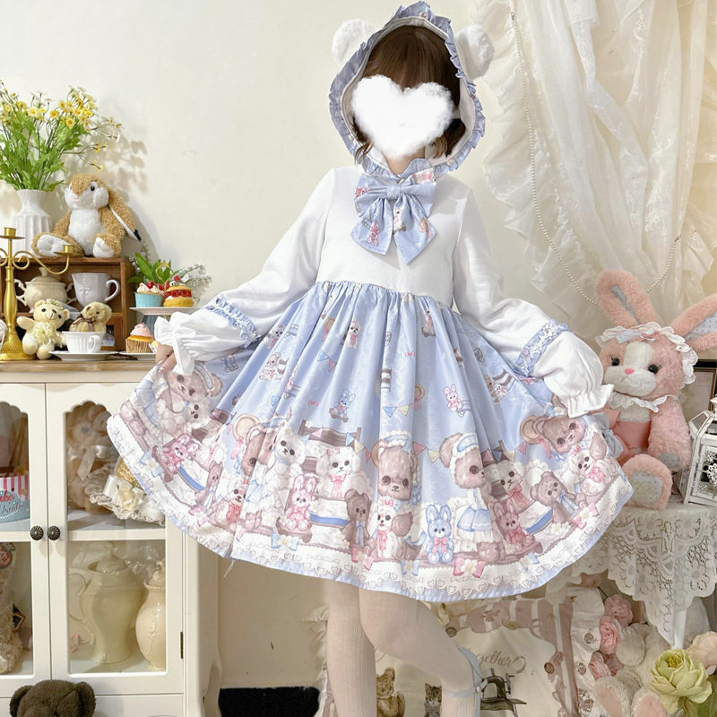 Cartoon Cute Print Lolita Dress Girls Vintage Sweet Dream Bowknot Party Op Dress Women Harajuku Long Sleeve Dresses