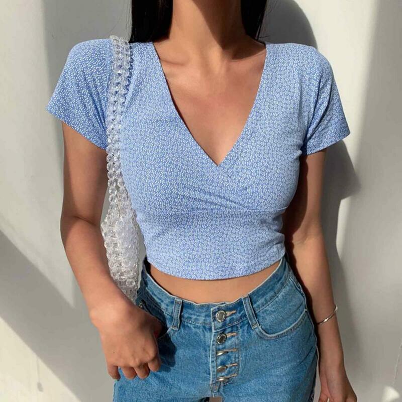 Slim Fit Shirt Retro Slim Fit V Neck Women's Summer Top with Small Flower Print Soft Breathable Waist-exposed Pullover for A