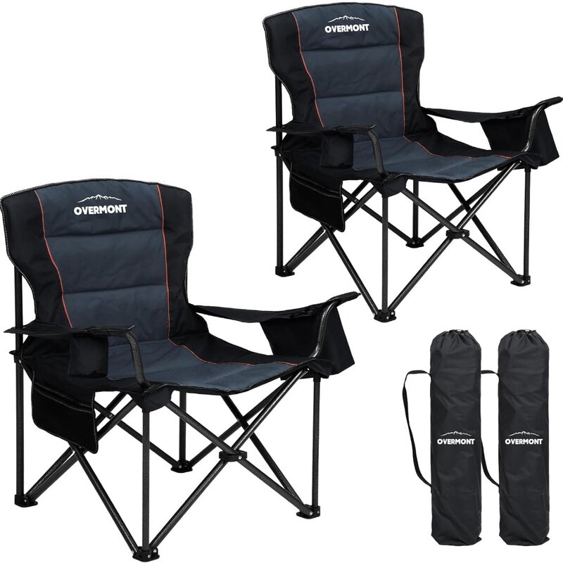 접이식 캠핑 의자, 2 팩, 패딩 쿠션 쿨러 포켓 포함 지지대, 헤비 듀티 접이식 의자, 캠핑 의자