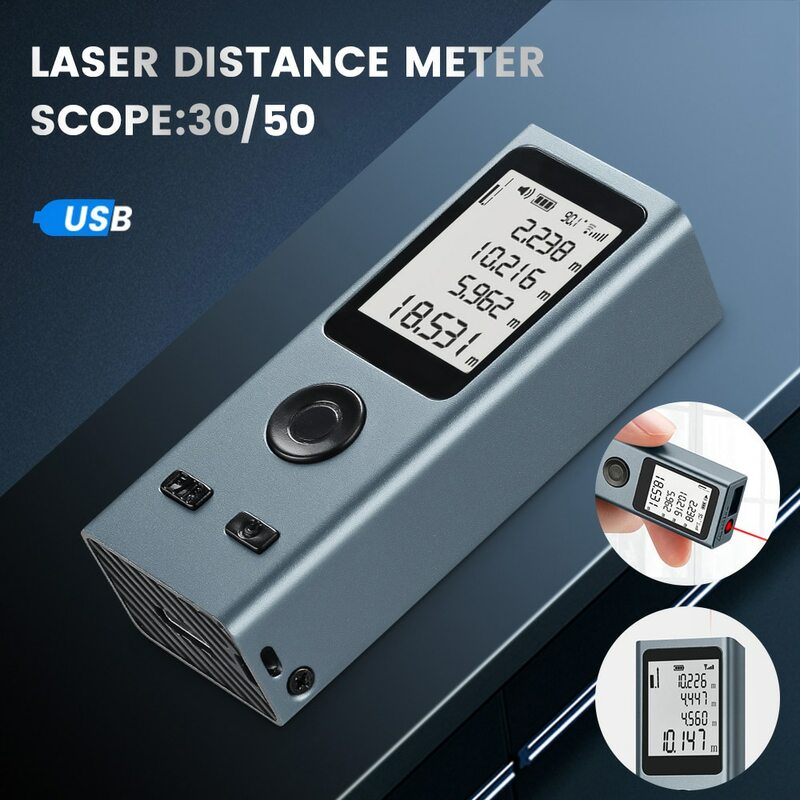 Mini telémetro láser, cinta métrica Digital, regla láser, carga USB, medición de fuselaje de aleación de aluminio, 30M, 50M