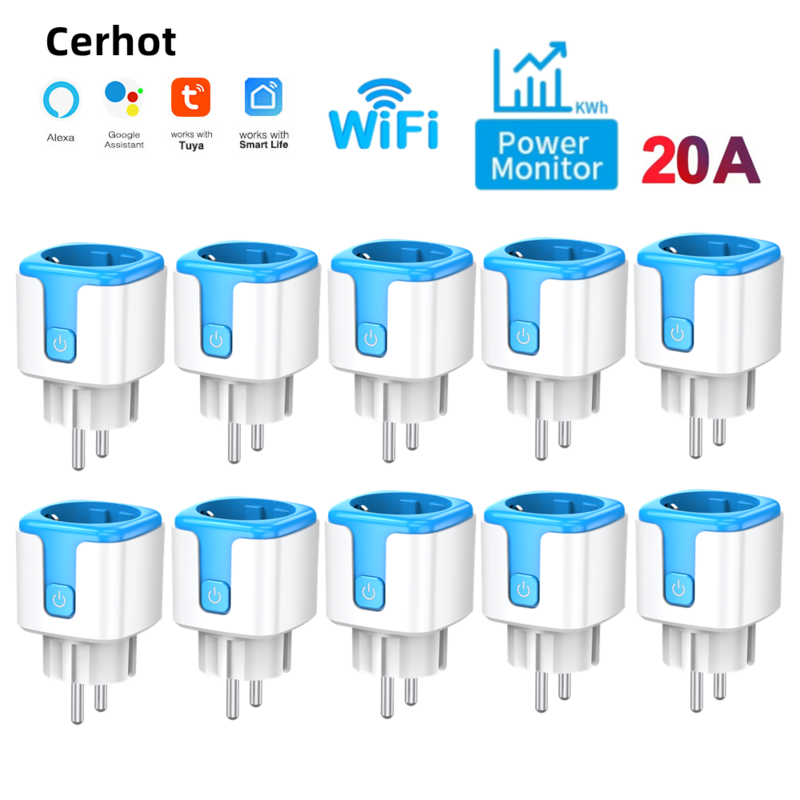 Cerhot-Tuya Adaptador de Tomada Inteligente, Power Outlet Set, 20A, Plug WiFi, Alexa Doméstico, Controle de Voz com Monitor de Energia, Função Temporizador