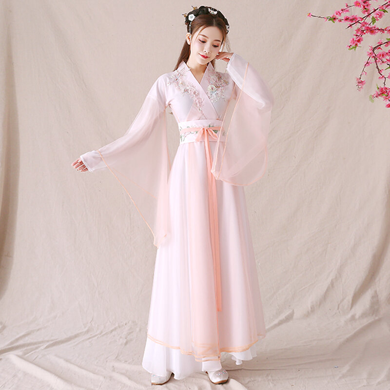 Kostum Pakaian Pertunjukan Tari Tradisional Hanfu Tiongkok Wanita Pakaian Putri Han Gaun Peri Dinasti Tang Oriental