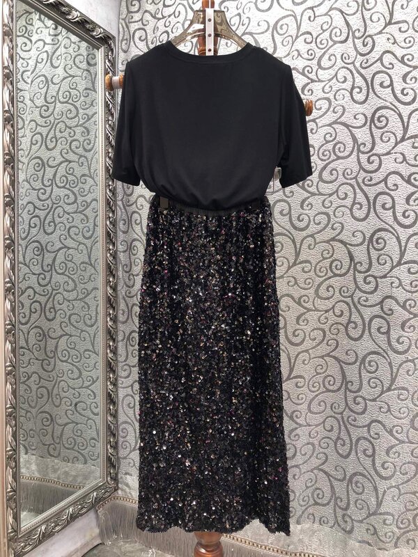 lingzhiwu Black T Shirt Sequins Skirt Set 2024 Summer Female Elastic Waist Skirts Black Tee Shirt Suit Twinset New Arrive