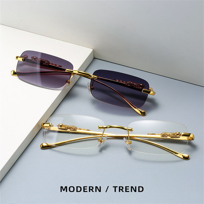 New Rimless Rectangle Vintage Metal Leopard Head Sunglasses Fashion Frameless Tinted Glasses Shades For Women Men 2023 Eyewear