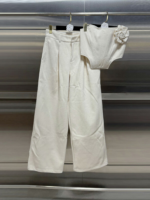 BPN-Conjunto de dos piezas para mujer, Tops sin mangas con apliques de retazos, pantalones de pierna ancha de cintura alta, sólido
