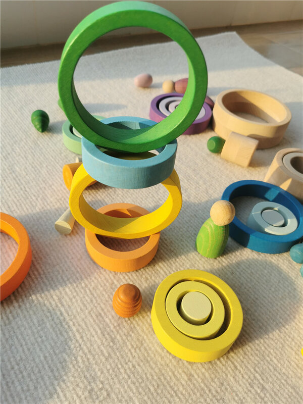 Dzieci tęczowa drewniana obrączka pierścienie niemalowane bukowe bloki do układania w stosy kreatywne luźne części zabawki Montessori