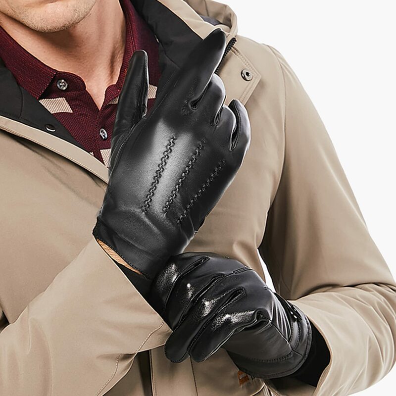 BISON DENIM Sheepskin Leather Gloves for Men Winter Warm Cashmere Lined Touchscreen Sport Gloves for Running Cycling Ski Driving