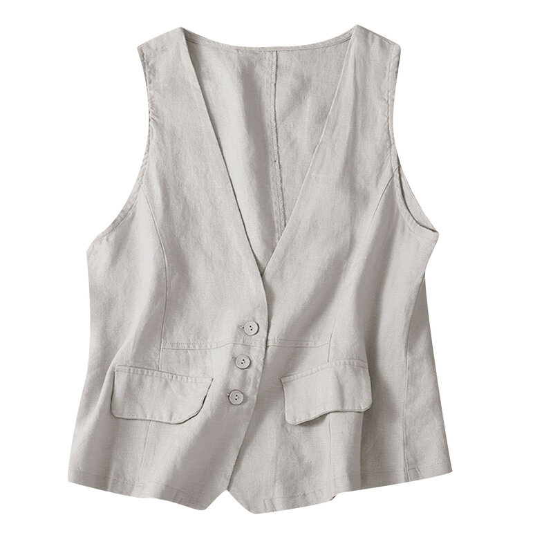 Vintage Vests Summer Deep V-Neck Button-Down Solid Color Casual Tank Jackes Cotton Linen Lightweight Matching Vests Coat