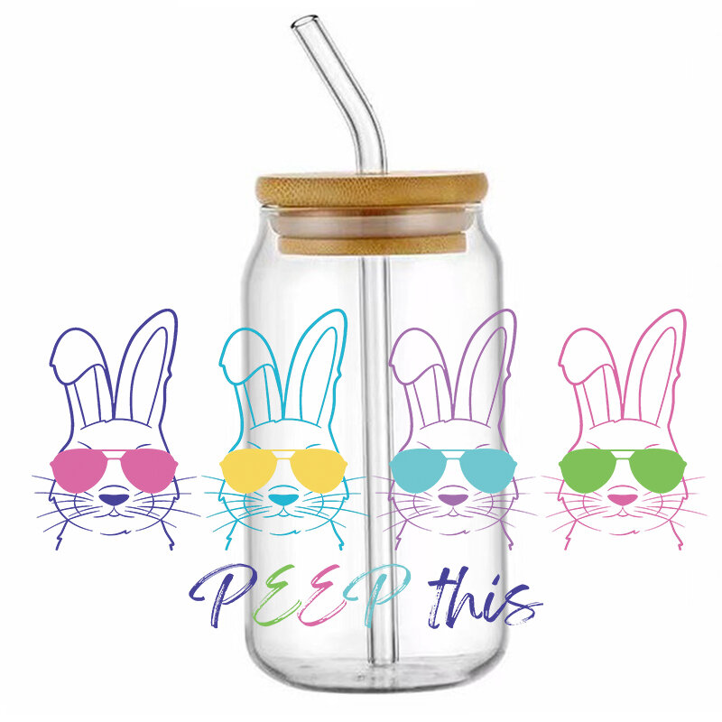 Оптовая продажа, Пасхальный кролик 3D UV DTF, украшение для чашки, 16 унций, УФ, пасхальный стакан, стеклянные наклейки для христианских праздников
