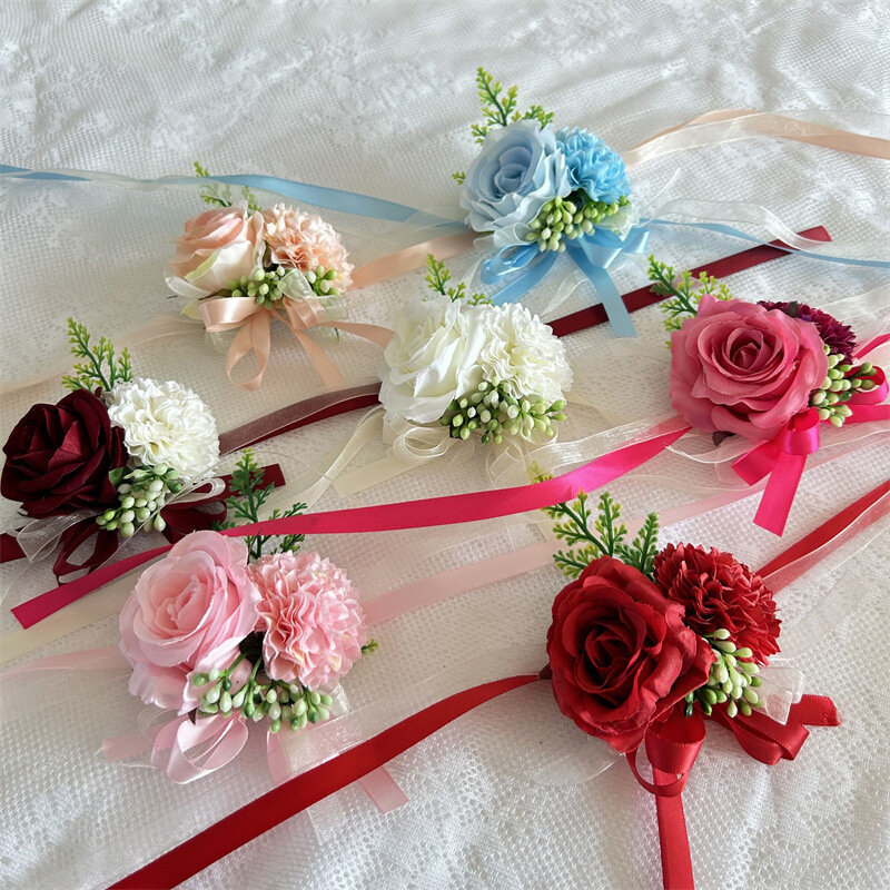 1 buah bunga mawar buatan bunga pergelangan tangan bunga mawar sutra pita pengantin korsase tangan dekoratif pernikahan Boutonniere