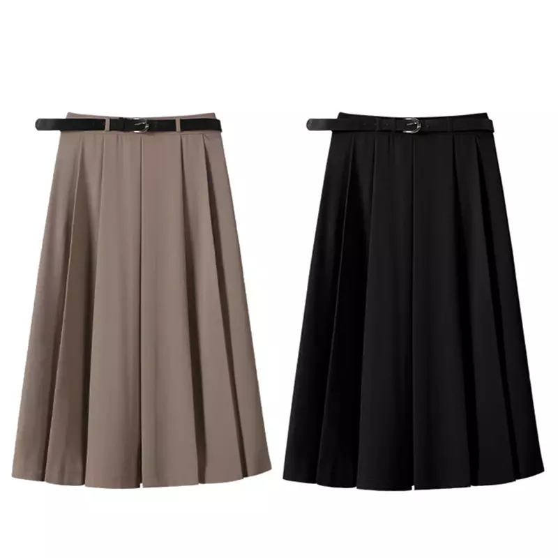 With Belt High Waist pleated Skirt for Women New Elegant office ladies Long Skirt Spring Summer preppy style sweet A-line Skirts