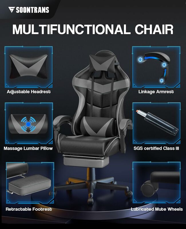 Sillas Gaming grises con reposapiés, silla ergonómica para juegos de ordenador, silla Gamer con almohada Lumbar y reposacabezas ajustable