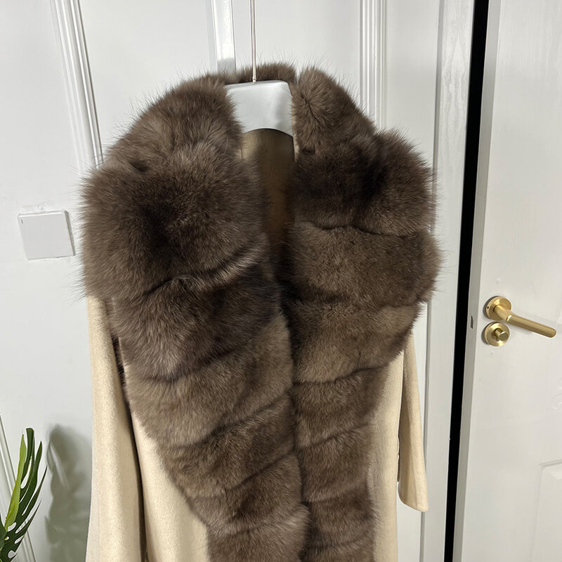 Женское кашемировое шерстяное пальто, теплое зимнее меховое пальто с воротником из лисьего меха, женская зимняя куртка, лидер продаж из натурального меха