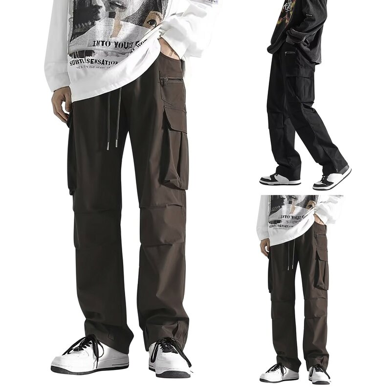 2024 Summer Men'S Cargo Pants Korean Solid Multi-Pockets Straight Pants Male Hip Hop Street Elastic Waist Loose Trousers Outfit