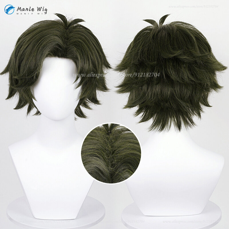 Parrucca Cosplay Damian Desmond parrucca sintetica resistente al calore per capelli corti verdi parrucca Anime per feste di Halloween + cappuccio per parrucca