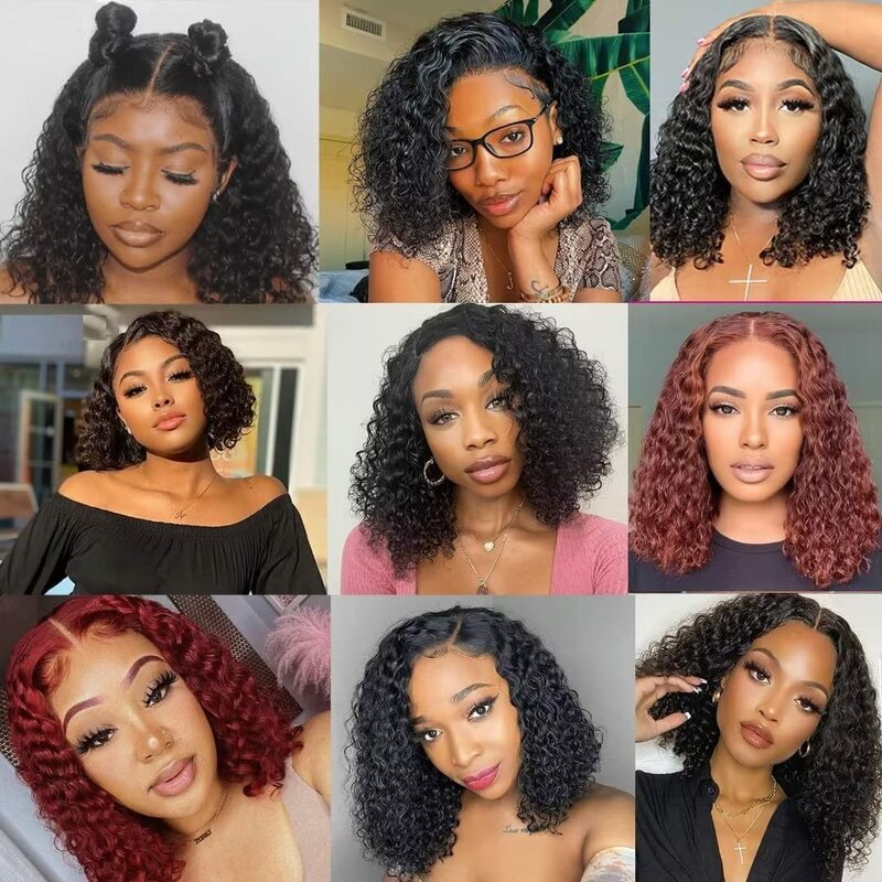Short Curly Bob Brazilian Human Hair Lace Front Wigs 13X4 Lace Frontal T lace Closure Deep Wave Wig For Black Women 180 Density