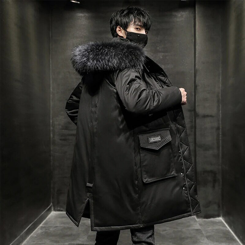 Новинка 2023, зимняя длинная теплая куртка на утином пуху с капюшоном и меховым воротником, мужская верхняя одежда, однотонное пуховое пальто средней длины, свободные толстые парки