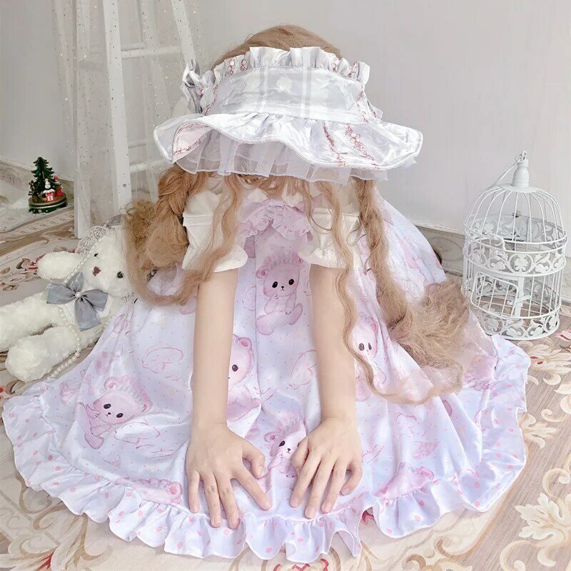 Vestido Lolita para niña, prenda suave sin mangas con tirantes, lazo Kawaii, oso de bebé, princesa JSK, Cosplay, amor, verano, japonés