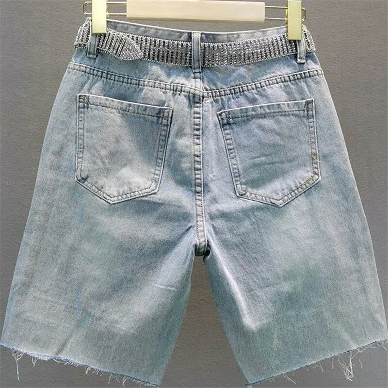 Denim fino 5 pontos calças curtas 2023 roupas de verão novo solto cintura alta indústria buraco de perfuração quente moda senhoras