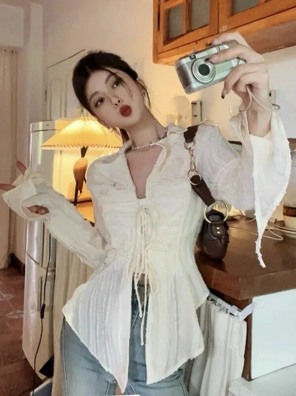 Deeptown Fairycore Lace Up Blouse Women Long Sleeve New Turn Down Collar Shirts Feminina Ladies Cropped Tops Korean Fashion Chic