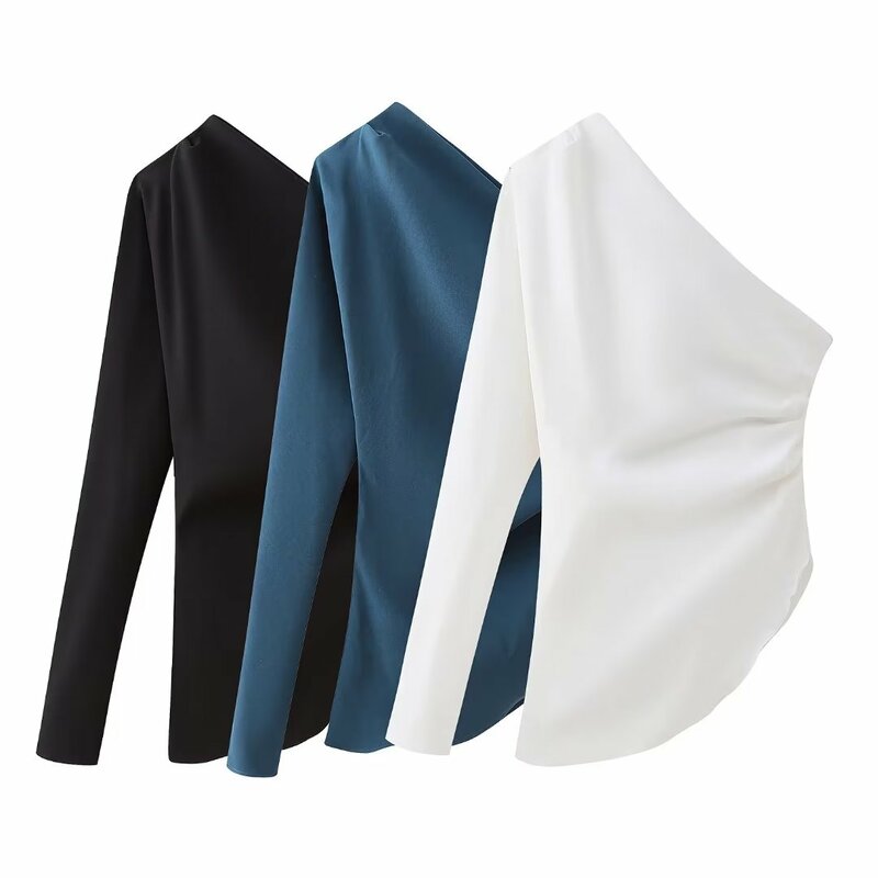 Women 2023 New Fashion Pleated decoration Slim Asymmetric Tops Vintage One shoulder sleeve backless Female Shirts Chic Tops