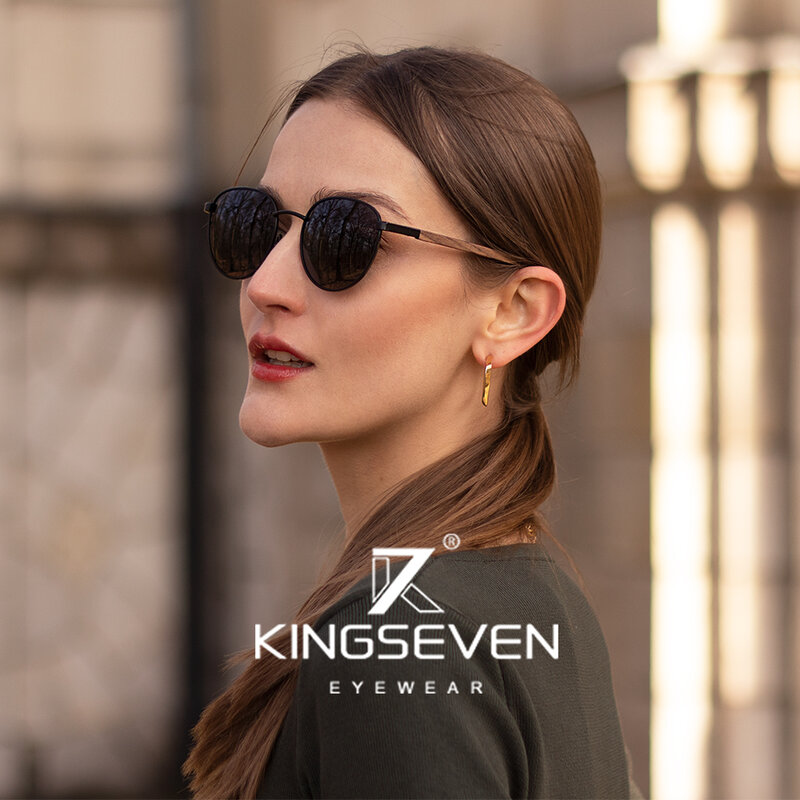 KINGSEVEN 2023 블랙 월넛 나무 선글라스, 편광 UV400 보호 라운드 렌즈 레트로 안경, 여성 수제 안경