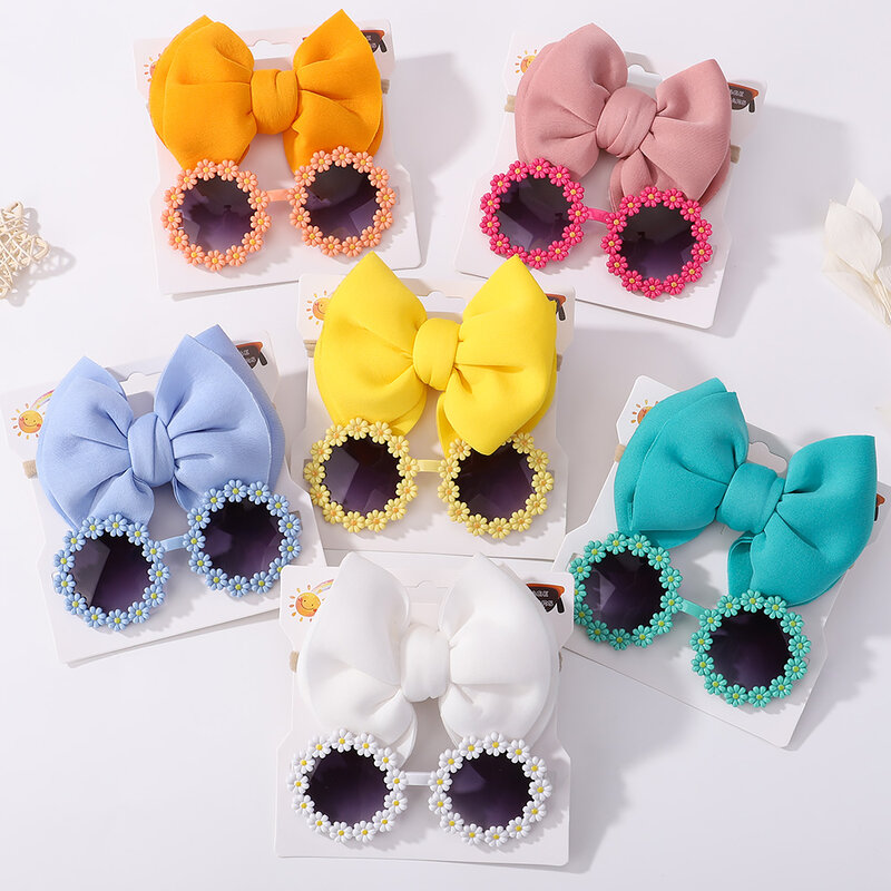 Set Aksesori kacamata rambut bayi Fashion bando nilon untuk anak perempuan baru lahir jepit rambut cantik Set headset kacamata hitam bayi