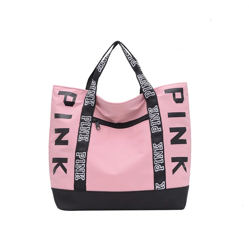 Bolsos de mano deportivos informales con estampado de letras, bolsos de nailon, color block, rosa, Fitness