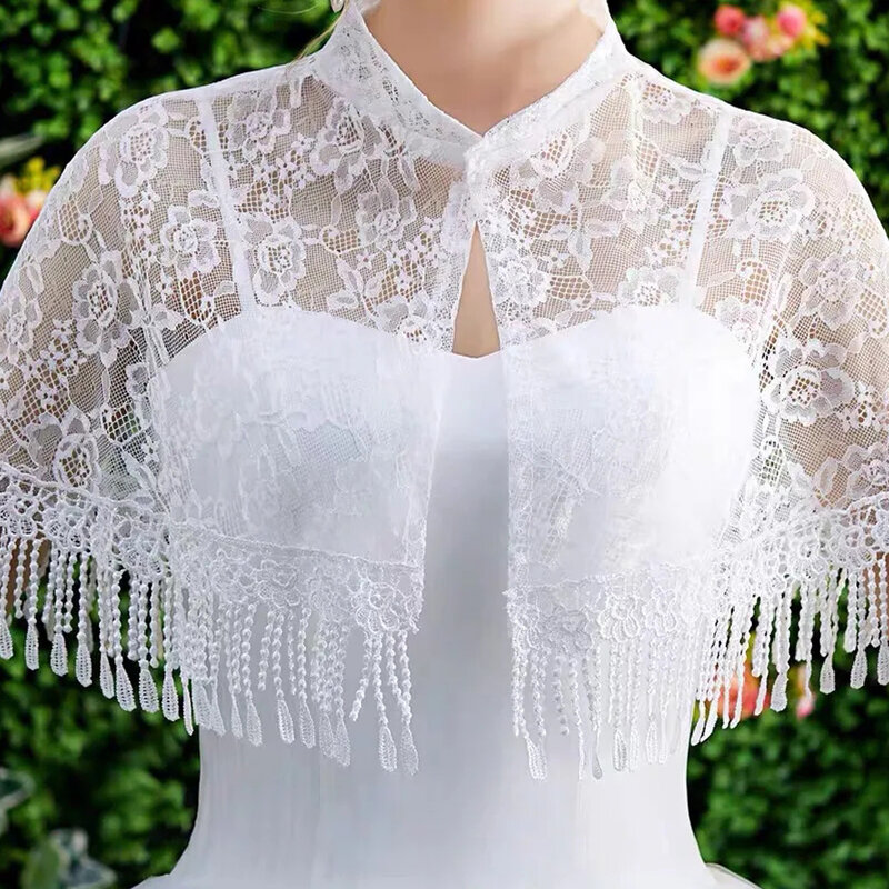 Women Floral Lace Wrap Shawl Perspective Embroidery Bridal Prom Bolero Shrug Buckle Open Front Top Cape Top Shawls Sleeveless