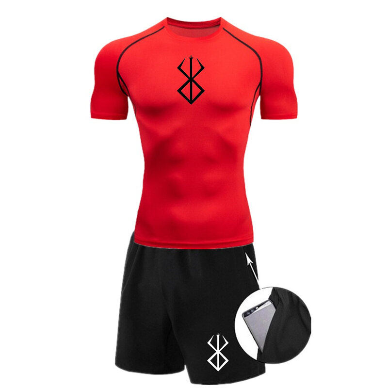 Set pakaian lari pria, 2 Pcs/Set pakaian latihan Fitness Gym baju olahraga kompresi musim panas untuk pria
