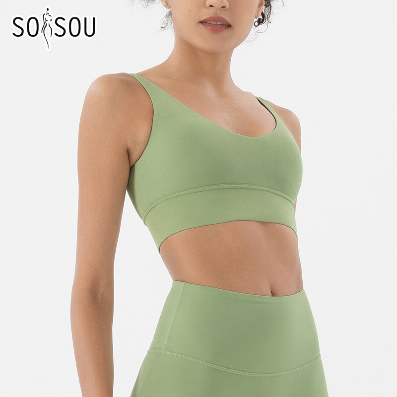 SOISOU-Sujetador deportivo de nailon para mujer, ropa interior Sexy ajustada para gimnasio, Fitness, Yoga, almohadilla para el pecho, sujetador antivibración extraíble, 15 colores
