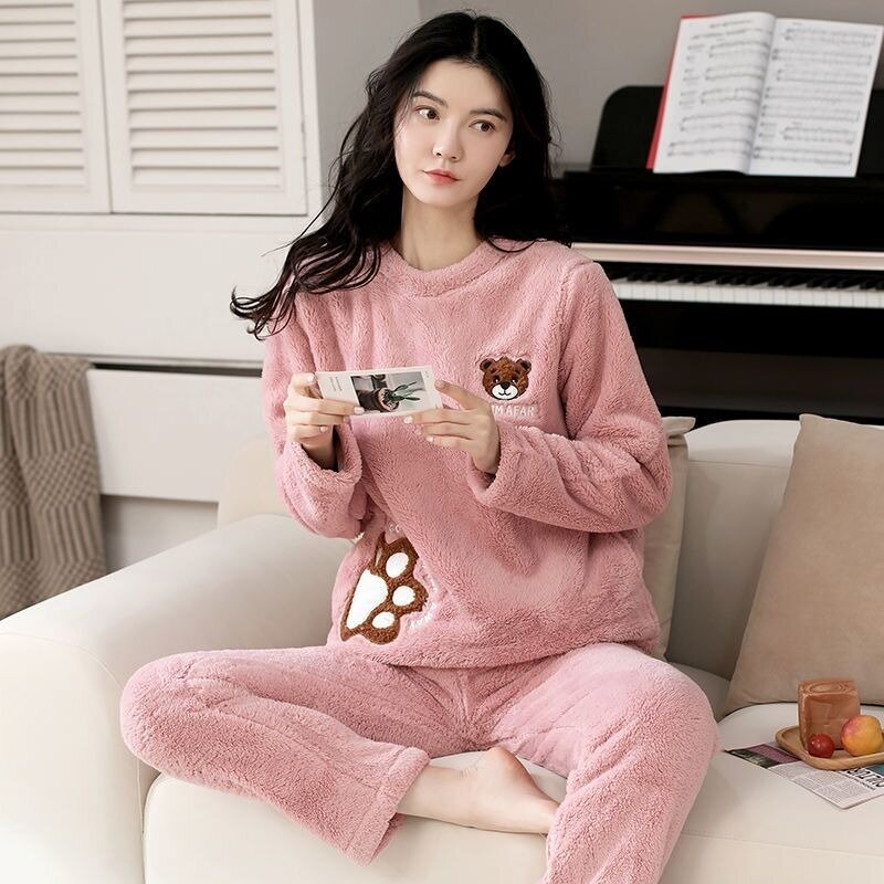 Winter new women's pajamas flannel M-XXL pajamas women's round neck pullover cartoon coral fleece thickened 2-piece home clothes