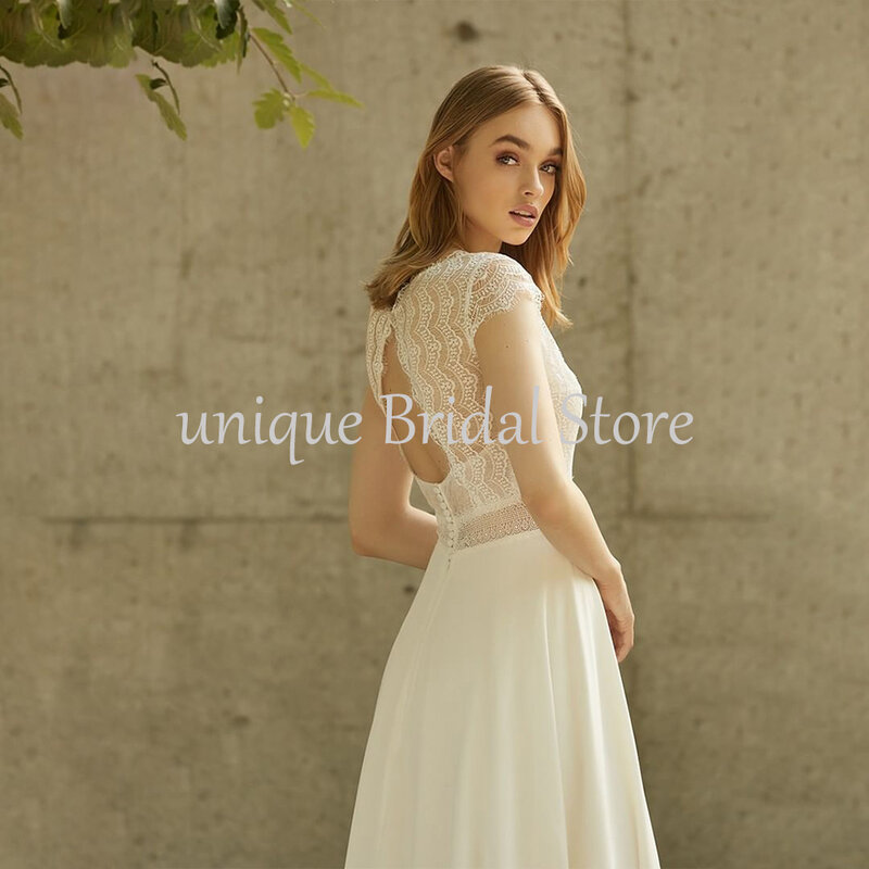 UETEEY Elegante Chiffon Hochzeit Kleider Spitze Kappen-hülsen Mit Taste V-ausschnitt Robe De Mariée 2022 Coreset A-Line Brautkleider